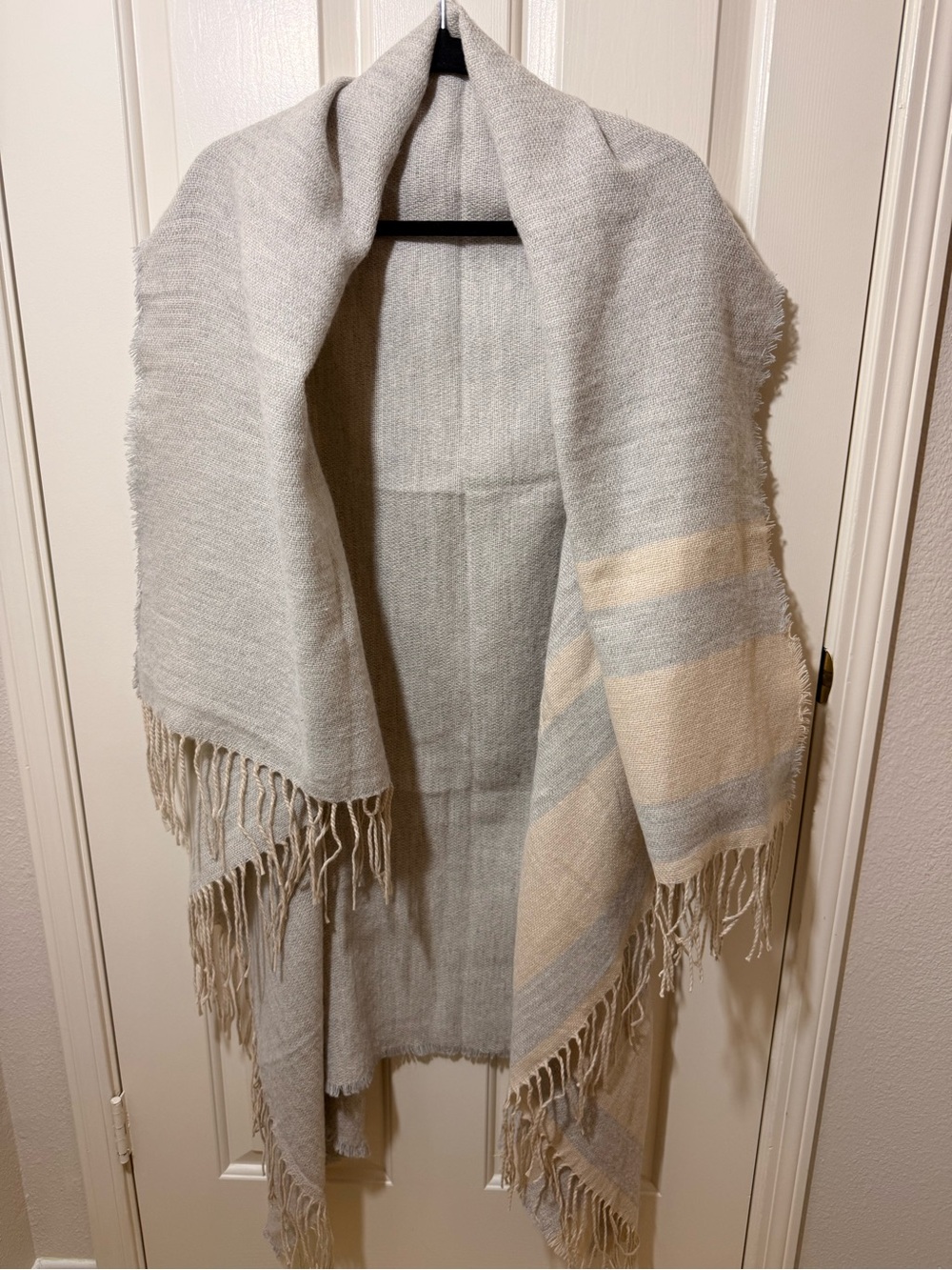 summer & rose Light Gray and Cream Fringe Shawl Cape